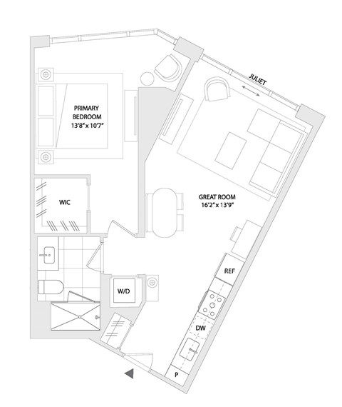 Floor plan for 1 bed, 1 bath, 681 sqft